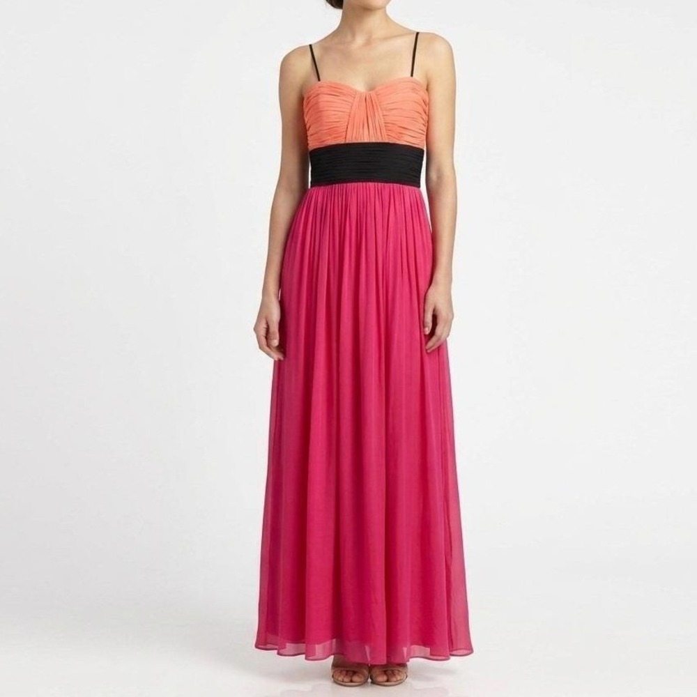 Vintage Y2K Cache' Silk Maxi Dress Sz 0 Pink Orange Black Colorblock Formal Gown